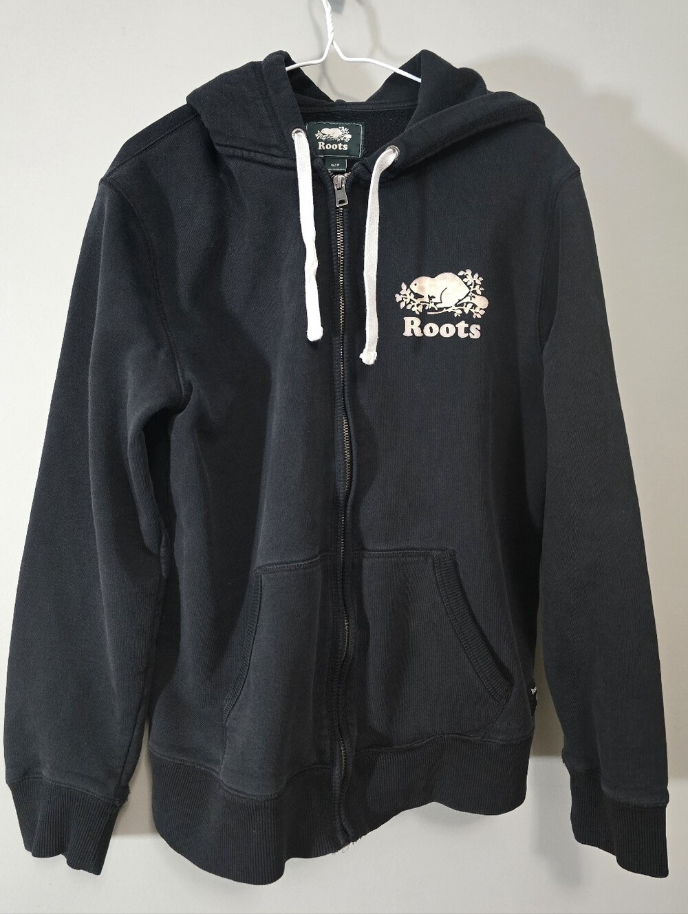 Roots Black Full-Zip Hoodie with White Logo and Drawstrings Size Small